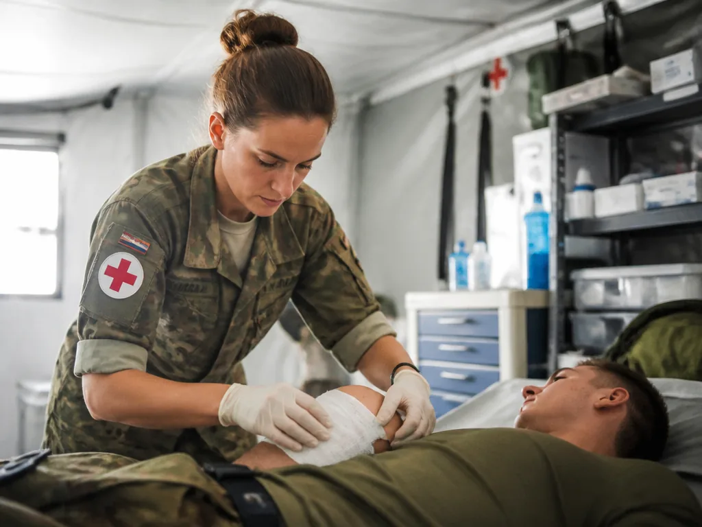 Infirmière militaire soignant un soldat dans un hôpital de campagne